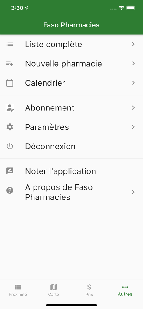 Settings and options menu in the Faso Sante mobile application