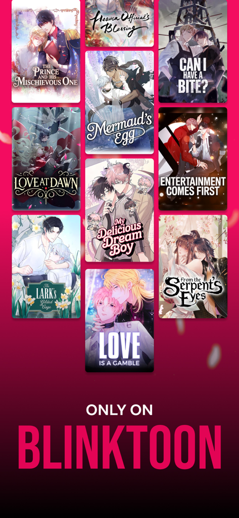 BlinkToon: Animated BL Comics - A collection of colorful posters for various animated BL and romance comics available on the BlinkToon app.