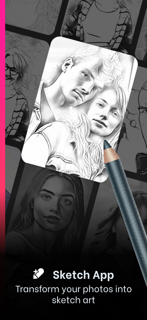 Sketch effect black and white - Una foto de una pareja transformada en un dibujo realista a lápiz utilizando el filtro de la aplicación Sketch.