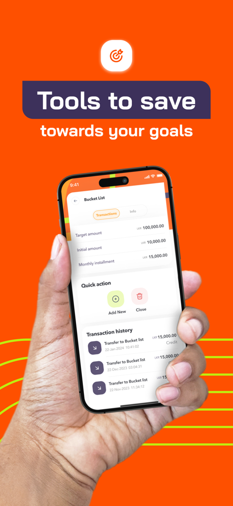 Un écran mobile montrant l'outil d'objectif d'épargne de l'application FriMi appelé Bucket List avec un historique des transactions