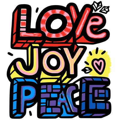 the word in block letters "love, joy, peace"