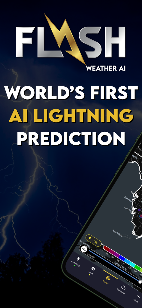 Flash Weather AI - Capture d'écran de l'application Flash Weather AI présentant le premier outil de prédiction de foudre par IA au monde avec une interface de carte radar.