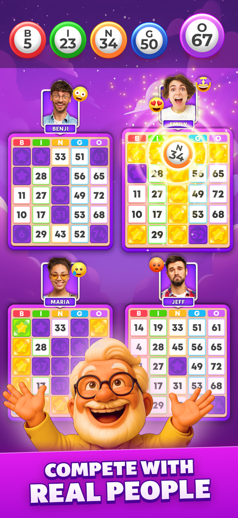 Bingo - Win Cash - Multiplayer interface of Bingo Win Cash app showing competitive gameplay with real players