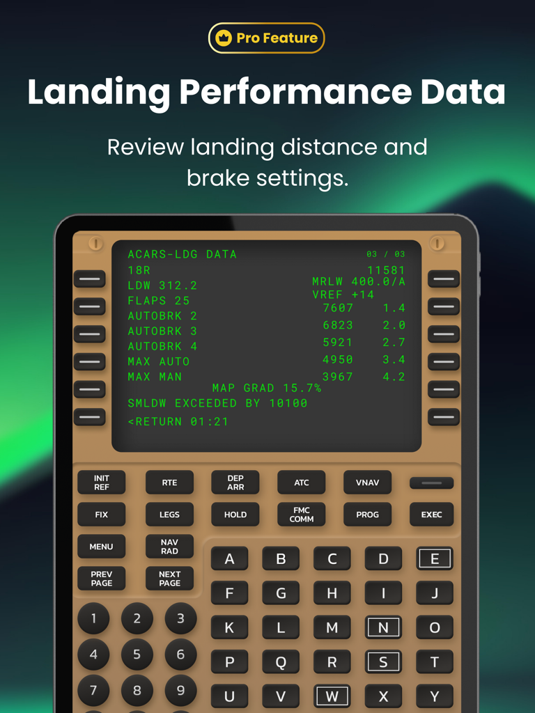 Interfaz de la aplicación B747 FMS Trainer que muestra datos de rendimiento de aterrizaje y configuraciones de autobrake en una computadora de gestión de vuelo Boeing