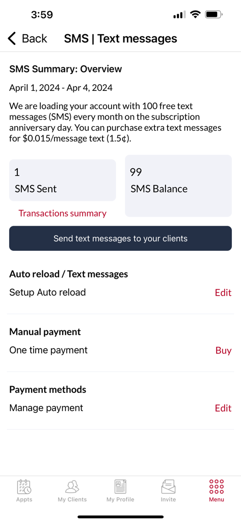 Ring My Barber: Booking App - Ring My Barber app screen showing SMS summary balance and options to send text messages to clients