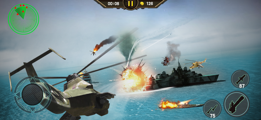 Gunship Combat: 3D Air Strike - Un helicóptero de combate 3D atacando un buque de guerra naval con explosiones durante un ataque aéreo