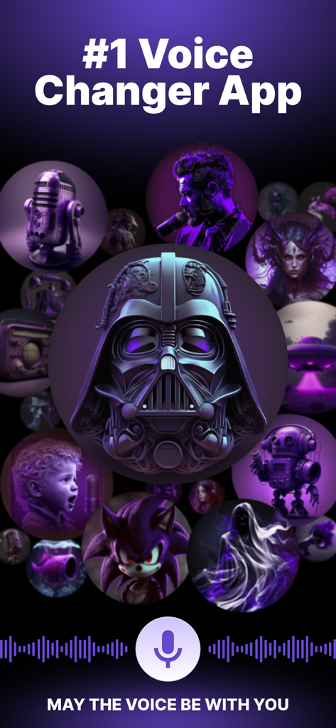 Scream Voice Changer app interface showcasing various character voice filters and a microphone button.