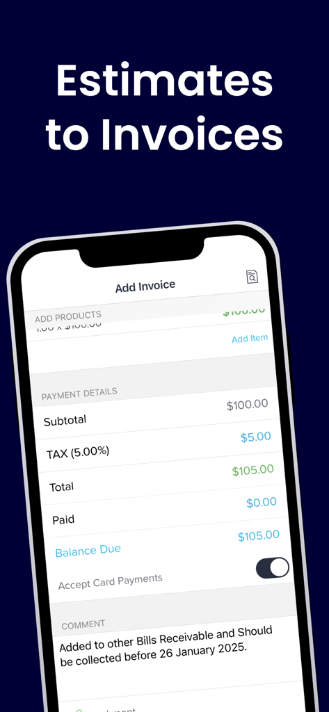 iPhone screen displaying the Add Invoice interface with payment details and tax calculations
