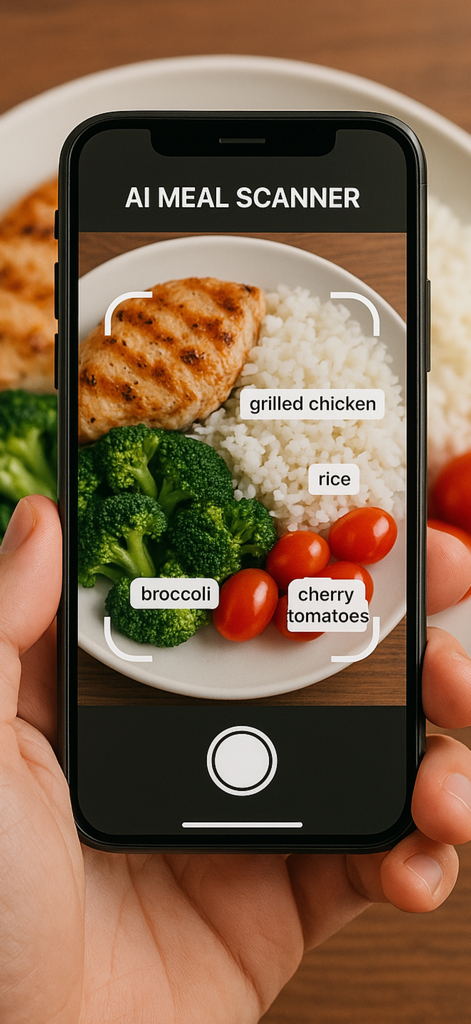 AI Meal Scanner - AI Meal Scanner app on an iPhone identifying chicken rice and vegetables from a photo