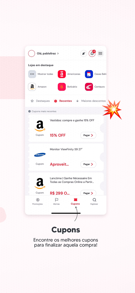 Screenshot of the Pechinchou app interface showing available shopping coupons and featured Brazilian stores.