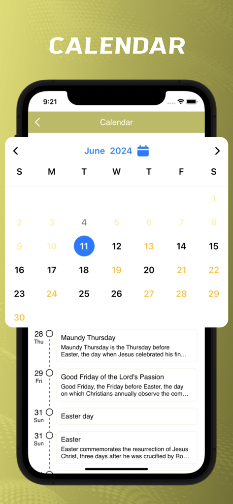 Tagalog Bible - offline - Tela do aplicativo da Bíblia em Tagalo mostrando um calendário com feriados e eventos cristãos