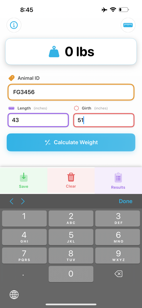 Smartphone screen showing Pig Weight Pro app with length and girth inputs for estimating livestock weight