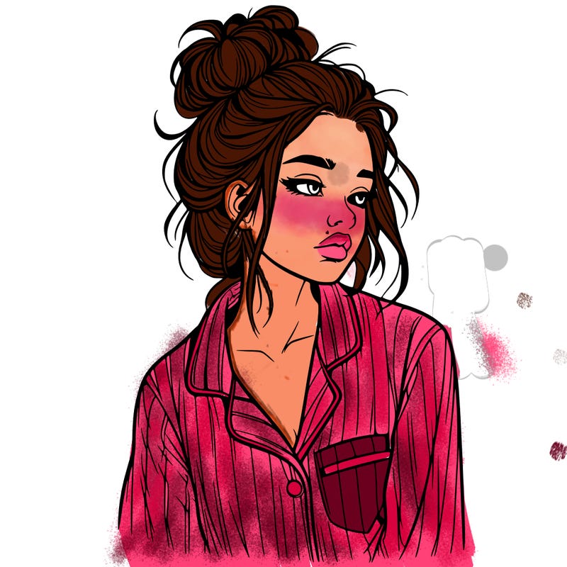realistic woman with pajamas on and a messy bun