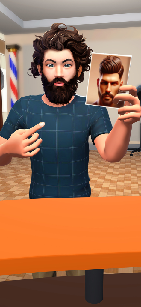 Haircut Barber Salon Game - A customer in the barber shop holding a photo of a desired hairstyle