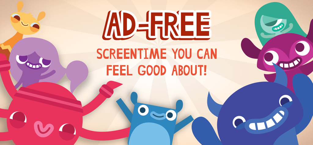 Ad-free screen time promotion for kids with colorful monster characters
