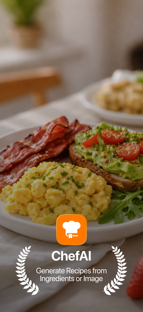 AI Recipe Keeper - ChefAI - ChefAI 앱 소개 화면, 아침 식사 접시와 '재료나 이미지로 레시피 생성'이라는 문구가 표시됨