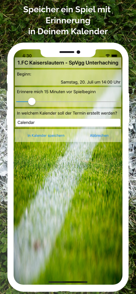 Fussball im TV live - ドイツのサッカー試合をリマインダー付きで個人カレンダーに保存するオプションを表示するスマートフォンの画面