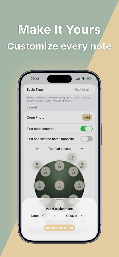DrumFlow - DrumFlow app interface on a smartphone showing customization options for handpan scales and note assignments.