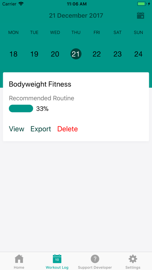 Bodyweight Fitness - Workout log screen in the Bodyweight Fitness app showing the recommended routine progress bar and calendar view.