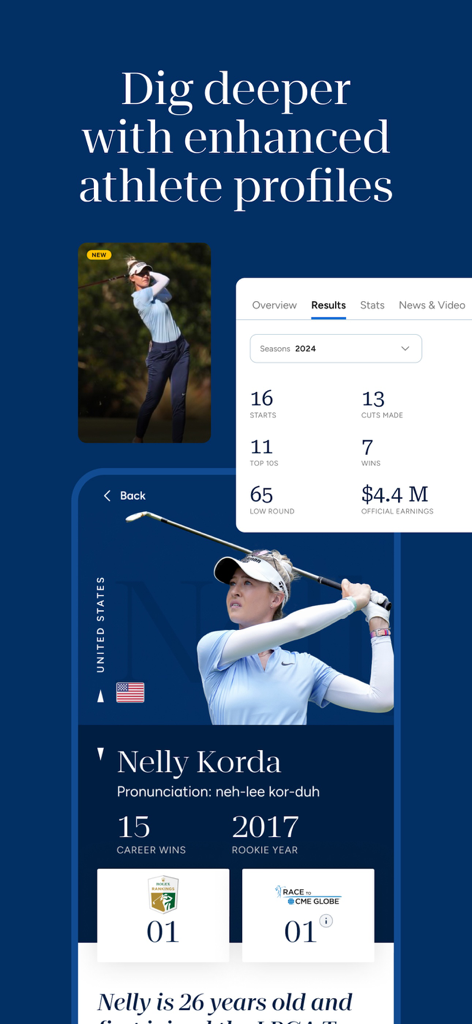 상세한 선수 통계 및 순위가 포함된 Nelly Korda 프로필을 특징으로 하는 LPGA 공식 앱