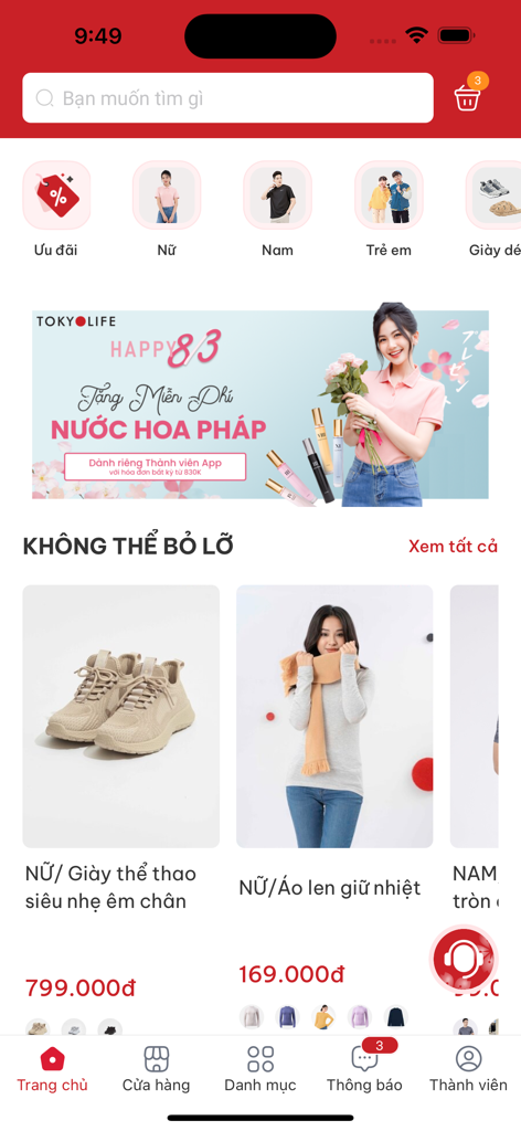 TokyoLife mobile app home screen with fashion and lifestyle product categories