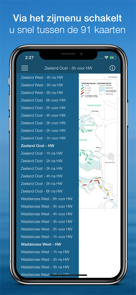 Stroomatlas Noordzee - A smartphone screen showing the navigation menu for selecting nautical current maps in the Stroomatlas Noordzee app