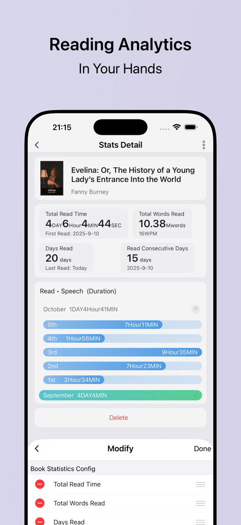 iReadNote - Interfaz de la aplicación iReadNote mostrando análisis detallados de lectura y estadísticas de un libro específico