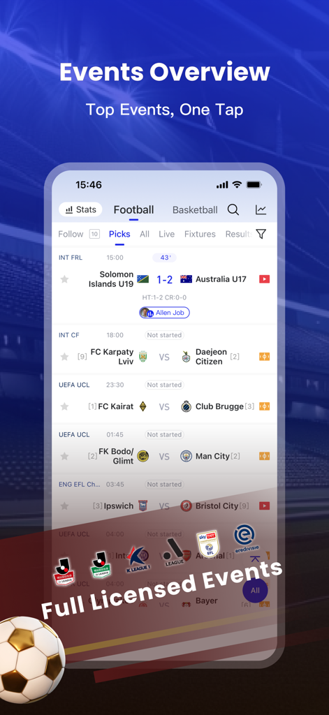 KBall app interface showing the Events Overview screen with a list of live football matches and licensed league logos.