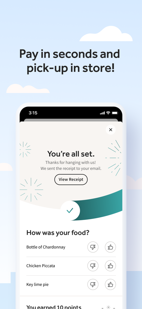Tela de confirmação do aplicativo Toast mostrando o botão de recibo de conclusão do pedido e a interface de avaliação da comida