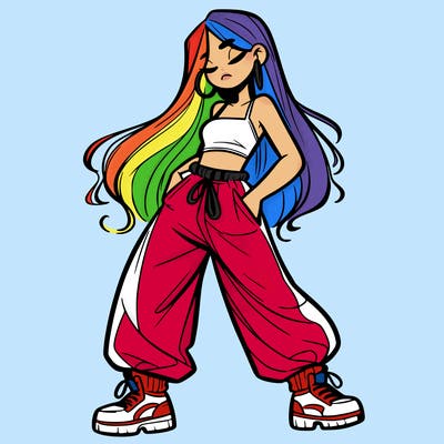 girl in baggy pants crop top and long hair