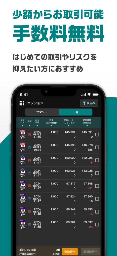 外貨ex - FX取引アプリ - USD JPYのライブ為替レートとアクティブな外国為替取引ポジションのリストを表示する外貨exモバイルアプリ画面。