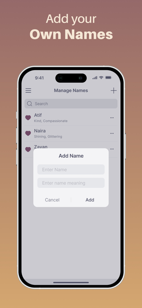 A mobile interface for Muslim Baby Names Finder showing a popup to add a custom name and its meaning