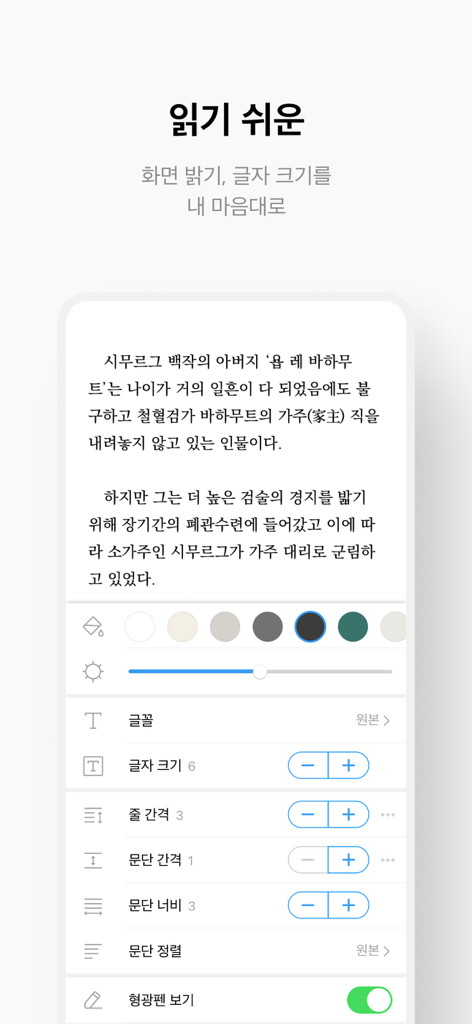 RIDI app interface showing customizable reading settings for font size, brightness, and background colors.