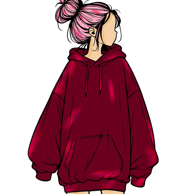 realistic girl with a oversized sweatshirt on and a bun