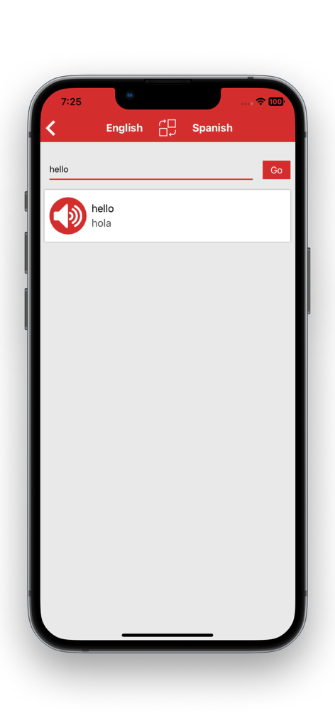 Spanish English Translators - Interface of the Spanish English Translators app showing the translation of hello to hola with a speaker icon for pronunciation.