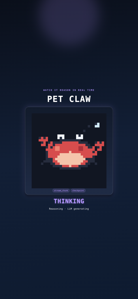 Pet Claw - Pet Claw app interface showing a pixel art crab in the thinking state while the AI bot is generating a response