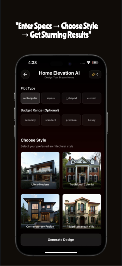 Home Elevation AI - Bildschirm der Home Elevation AI App zur Auswahl von Architekturstilen und Haus-Spezifikationen