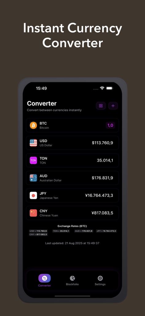 Blockfolio Pro: Crypto Tracker - Instant currency converter interface in Blockfolio Pro showing Bitcoin exchange rates for multiple fiat currencies