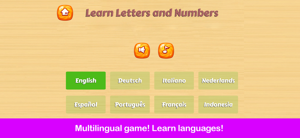 Learn Letters & Numbers - Language selection menu for the Learn Letters and Numbers educational app