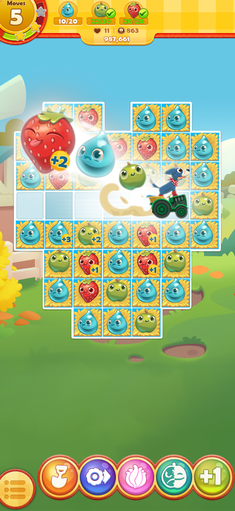 Pantalla de juego de Farm Heroes Saga con una cuadrícula de puzzles de match-3 con lindos cropsies y un perro en un tractor.