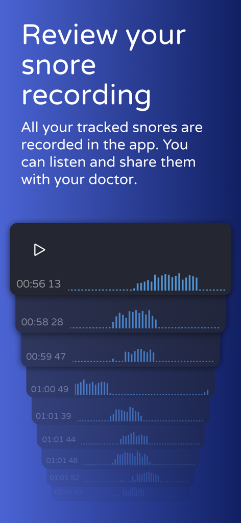 Koala Nap: Stop Snoring Now - Review screen in the Koala Nap app showing a list of snore recordings with audio waveforms and timestamps.