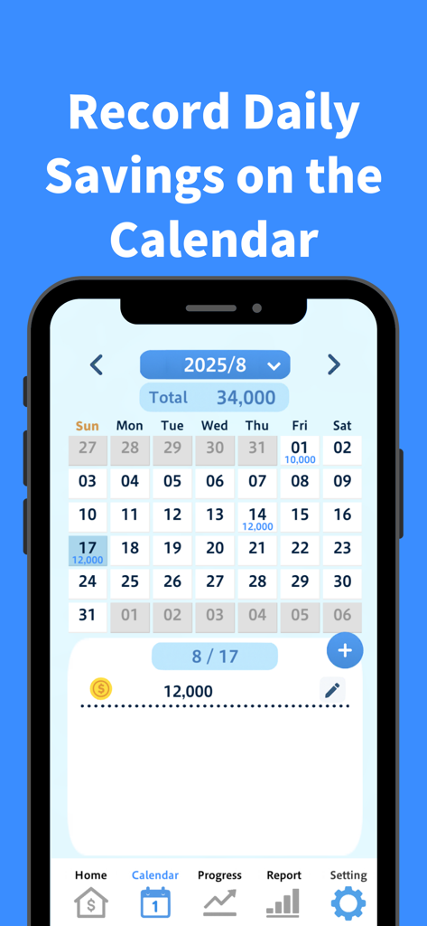 Savings Goal Calendar - A mobile app screen showing a blue and white minimalist calendar used to track daily savings and reach financial goals.