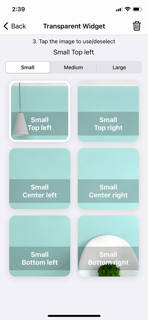 Widgets SD - Photo & Calendar - A screen showing options to position a small transparent widget on an iPhone home screen.