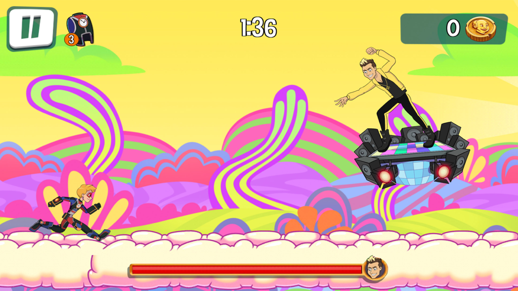 헨리 데인저 크라임 워프 모바일 게임의 보스 전투 중 화려한 레벨을 달리는 헨리 데인저