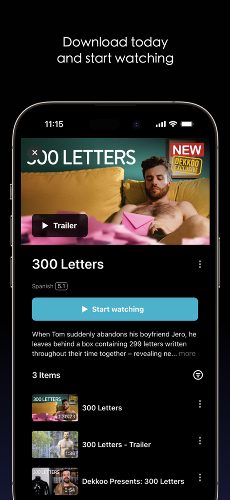 Dekkoo mobile app screen showing the movie details page for 300 Letters with a play button and synopsis
