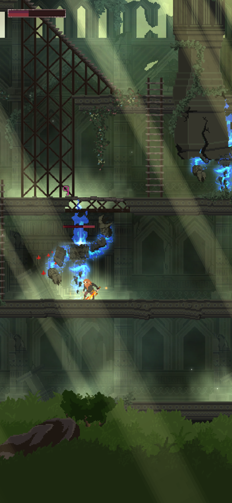 Dungeons & Miners - Pixel art character fighting a stone monster with blue magic in sunlit ruins