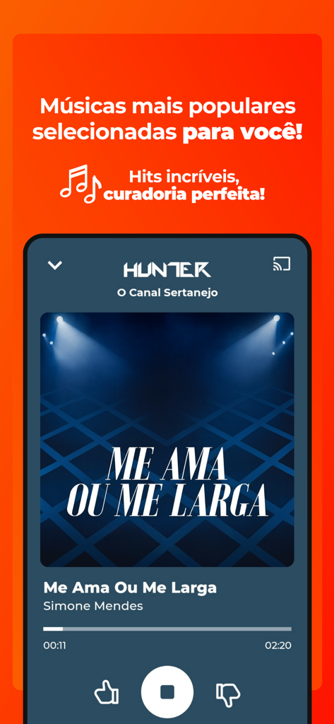 Interface do reprodutor de música do aplicativo Hunter.FM tocando o canal Sertanejo com uma música de Simone Mendes