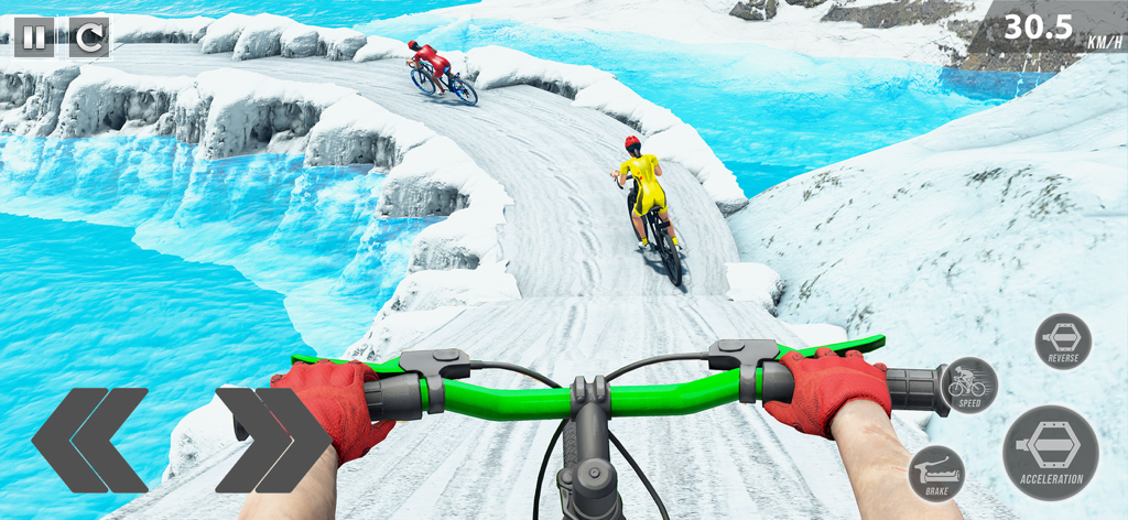 BMX Bicycle Stunt Cycle Games - First person view of a bicycle racing on a snowy mountain track
