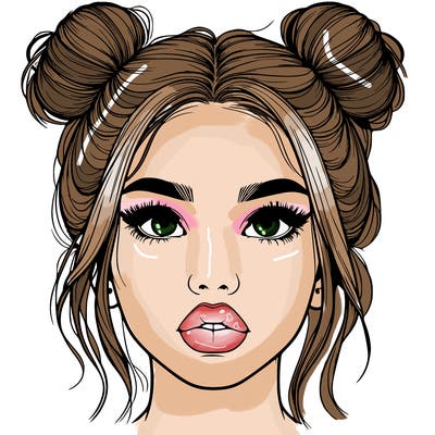 realistic girl with two buns on her hair and lips