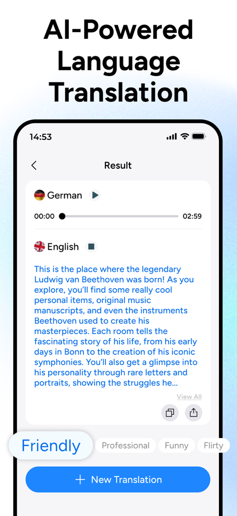 Interfaz de la aplicación Traductor IA que muestra un resultado de traducción de alemán a inglés con opciones de tono como amigable y profesional